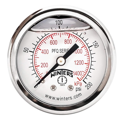 [WINTERS.PFQ2439] Winters PFQ Series Stainless Steel 304 Dual Scale Liquid Filled Pressure Gauge with Brass Internals, 0-200 psi/kpa, 2" Dial Display, -2.5% Accuracy, 1/8" NPT Back Mount Sold by: Amazon.com Services, Inc. WINTERS.PFQ2439